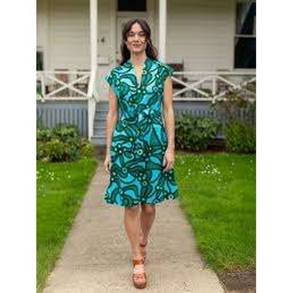 Lesley Evers Womens Blue Green Abstract Linen Belted Dress SMALL Mod Retro